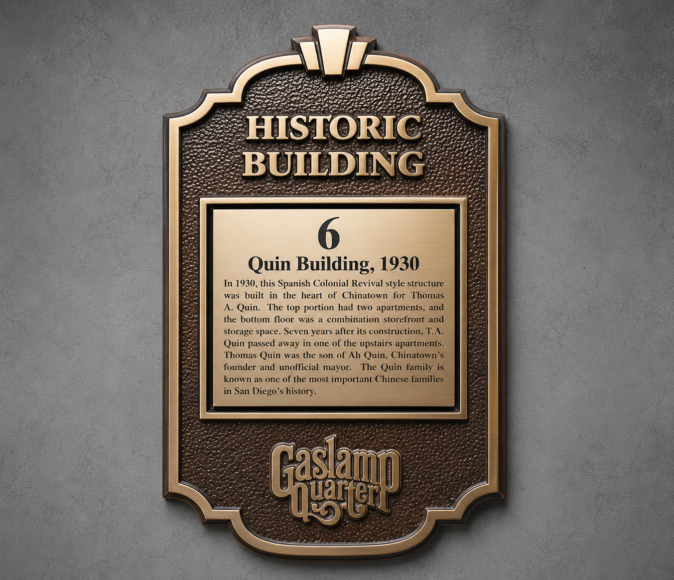 Gaslamp Quarter historic building plaque for the Quin Building, 1930